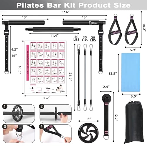 BBTOPS Pilates Bar Kit with Resistance Bands,Ab Roller,2 in 1 Foot Strap & Handle,Door Anchor Pilates Equipment with Resis...