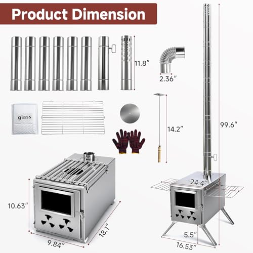 H&ZT Large Hot Tent Stove, Upgraded Wood Burning Stove with 9 Chimney Pipes, Portable Camping Heater for Cooking, Hunting...