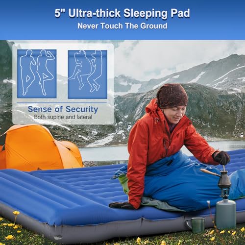 FNARMW Double Sleeping Pad Camping, Self Inflating 6'' Extra-Thick 2 Person Pillow Built-in Foot Pump Waterproof Inflatabl...