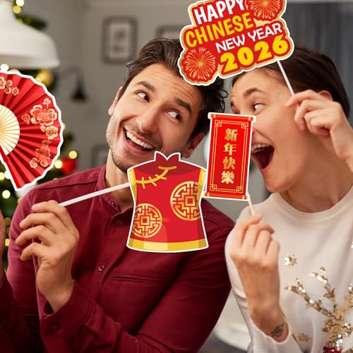 Happy Chinese New Year Photo Booth Props- 24Pcs 2026 Lunar New Year Photo Booth Props, 2026 Chinese New Years Party Suppli...