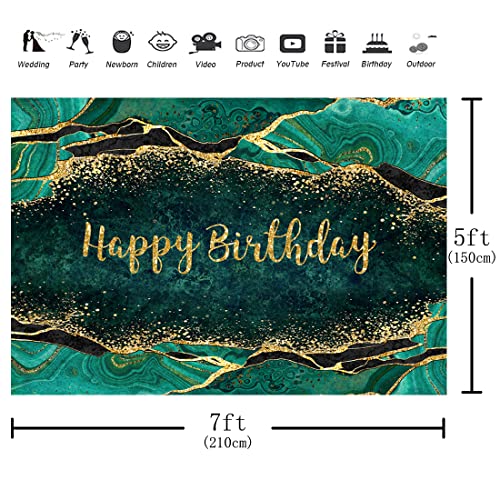 Aperturee 7x5ft Green Marble Happy Birthday Backdrop Glitter Gold Dots Girls Women Sweet 16 Luxury Abstract Photography Ba...