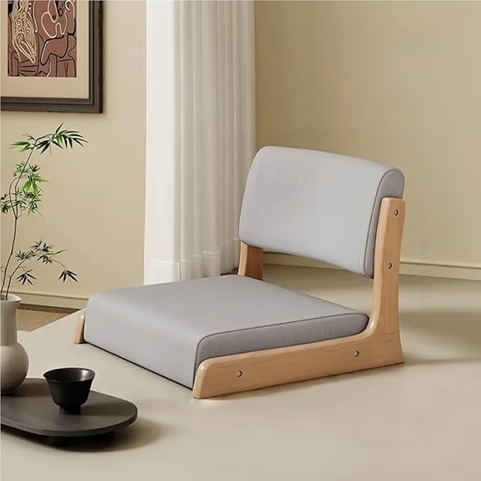 Japanese Style Legless Floor Chair with Back Support, Wooden Tatami Meditation Chair with Cushion, Low Sofa Floor Seat for Living Room, Bedroom, Bay Window(Linen 4)