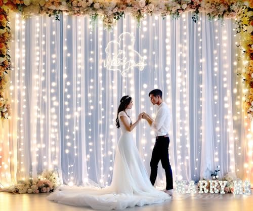 20ft X 10ft White Tulle Wedding Backdrop Curtains with Lights String 4 Panels Sheer Backdrop Curtains for Parties Bridal S...