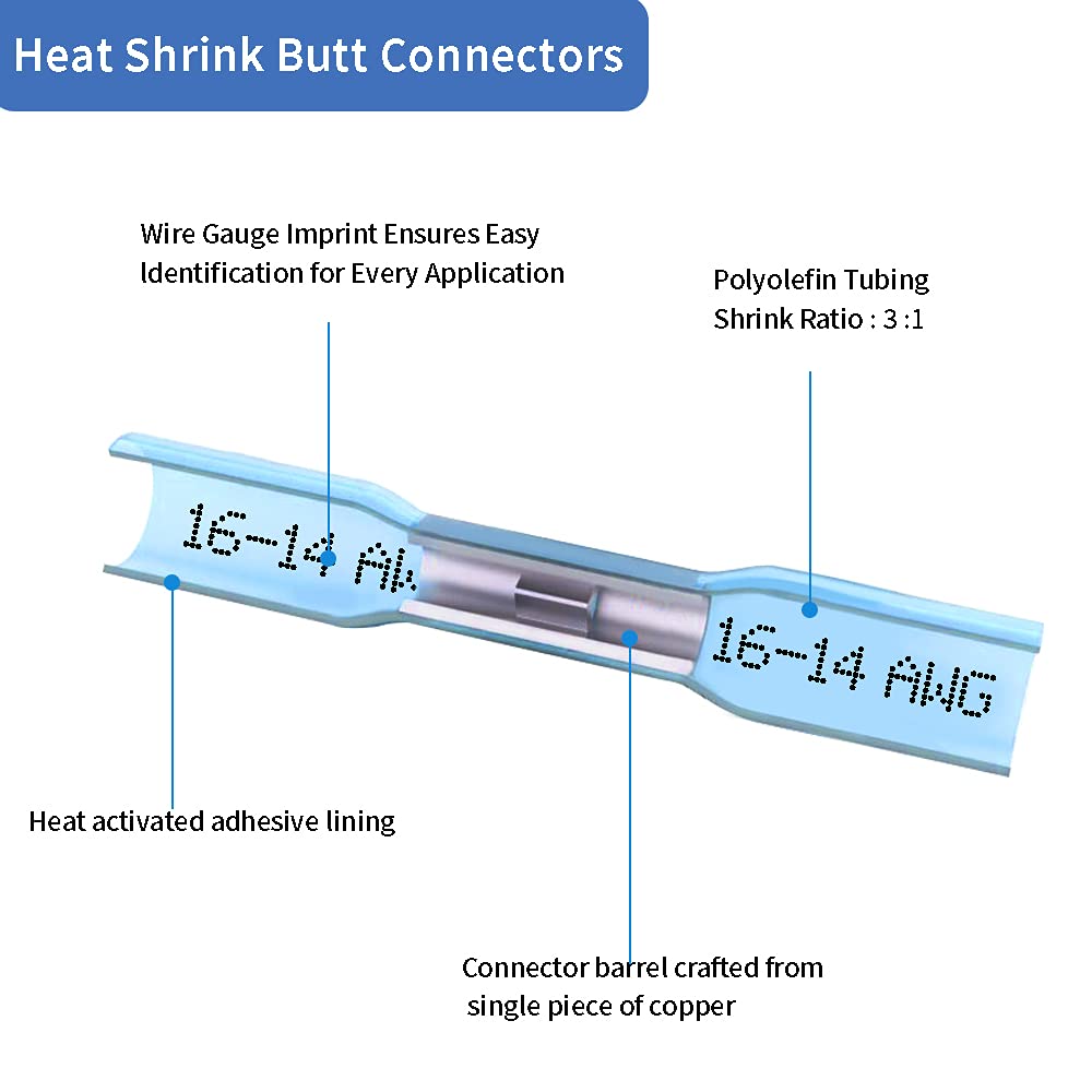 1000 Pcs Heat Shrink Butt Connectors, 16-14 AWG Waterproof Electrical Crimp Wire Splice for Marine, Cable, Wiring