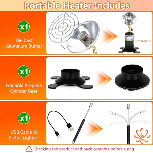 Portable Propane Heater for Camping Outdoor, Space Patio Garage Heater with Control Valve Cordless, Tent Heaters with Fold...