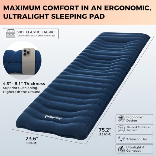 KingCamp Sleeping Pad for Camping, Ultralight Connectable Inflatable Sleeping Pad Camping Mattress with 6.3" Built-in Pill...