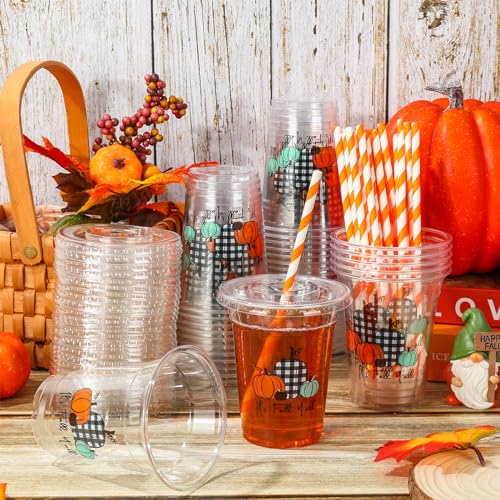 JarThenaAMCS 50Pcs Fall Plastic Cups with Lids and Straws Black White Plaid Pumpkin Clear Plastic Cups 12oz Pumpkin Dispos...