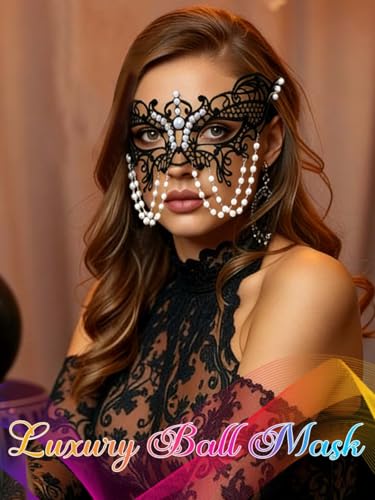 Flimire Pearl Masquerade Mask for Women Black Lace Masks Prom Costume Party Eye Mask Luxury Venetian Ball Mask
