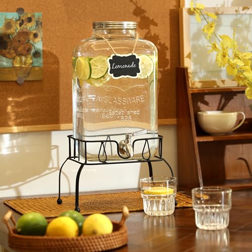 2 Gallon Glass Drink Dispenser with Stand, Stainless Steel Leakproof Spigot and Lid, Glass Drink Dispensers for Parties, W...