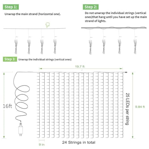 Solhice LED Curtain Lights Outdoor 20ft x10ft, 600 LED Plug in Hanging Christmas String Lights Indoor Bedroom, Twinkle Lig...