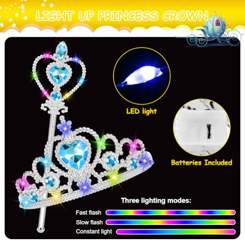 Vicloon 2PCS Light Up Princess Crown and Wands, Princess Dress Up Accessories for Little Girls Christmas Birthday Cosplay