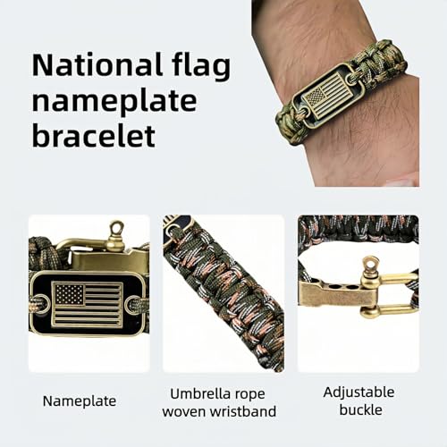 Patriotic Paracord Survival Bracelet for Men - Bronze US Flag Pendant Tactical Gear with Multi-Tool Functions, Adjustable ...