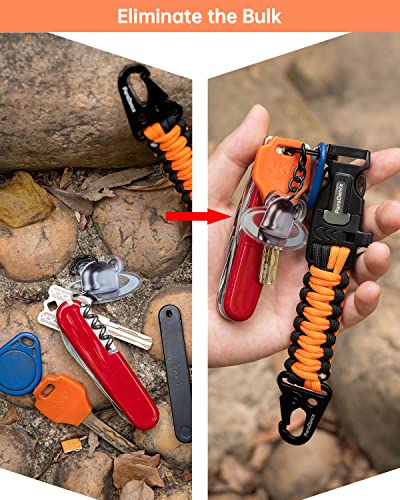 ParaDance Survival Keychain Fire Starter w/Flint Striker Paracord Whistle Keyring for Hiking Camping Fishing Hunting