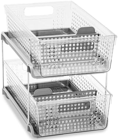 madesmart 2-Tier Organizer, Multi-Purpose Slide-Out Storage with Handles and Dividers for Home and Bath, BPA Free, Clear/Gray