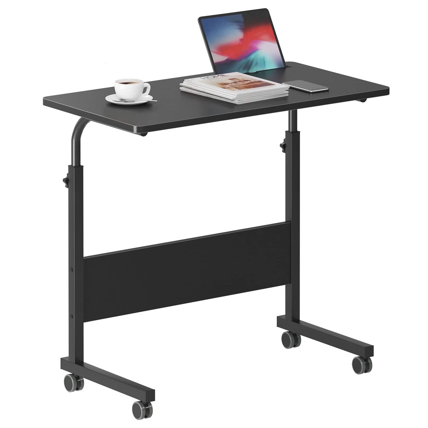 Dlandhome Mobile Bed Table 31.5 Inch, Adjustable Side Table Laptop Computer Stand Desks With Tablet Slot Cart Tray Wheels,Black#