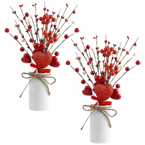 Luabue 2 Sets Valentines Day Decorations for Home, Valentines Table Decor Red Valentine Picks with Pearls Artificial Flowe...