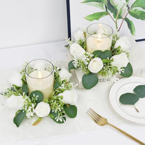 Acmee Pink Rose Candle Rings with Flameless Candles Sets - 12PCS Artificial Flower Eucalyptus Wedding Centerpiece 3 Inch P...
