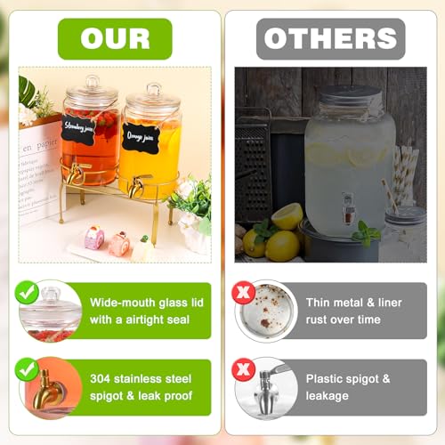 Drink Dispensers for Parties,2 Pack 1 Gallon Beverage Dispenser with Stand,Drink Dispenser With Glass Lid and Stainless St...