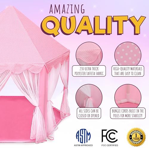 ORIAN Princess Castle Play Tent for Girls, LED Star Lights, Indoor & Outdoor Playhouse, Polyester, Pink, 55" x 53", Toddle...