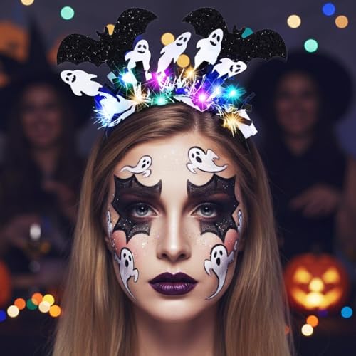 CAKURE Light Up Halloween Headband Black Led Glow Bat Headpiece Hair Accessories for Women and Girls (b-bat&ghost, one size)