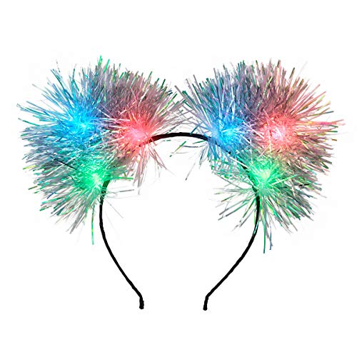 Light Up Tinsel Kitty Cat Ear Headband with Color Change LED Lights