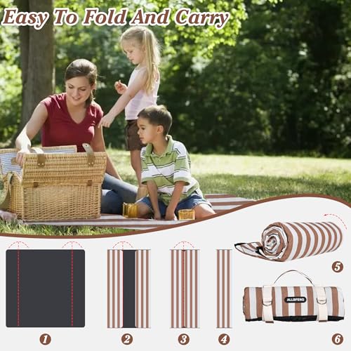 Striped Picnic Blanket Waterproof & Sand Proof, 5-Layer Beach Blanket Portable with Carry Strap, Extra Large Foldable Picn...