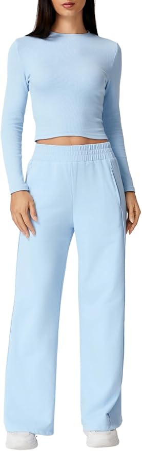 QINSEN Womens 2 Piece Sets Long Sleeve Slim Fit Crop Tops Wide Leg Pants Matching Lounge Set