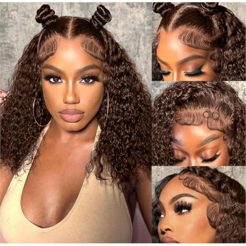 Full Brown Deep Wave Lace Front Wigs Human Hair Pre Plucked 220% Density 13x6 Chocolate Brown Curly Lace Frontal Wigs Human Hair for Women Brazilian Virgin Hair 22inch