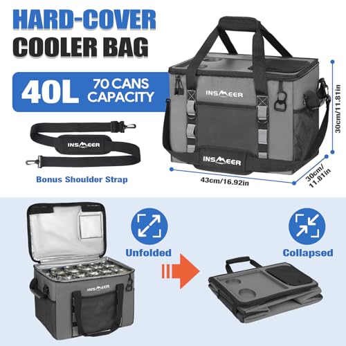 INSMEER Soft Cooler Bag with Hard Shell & 2 Cup Holders, Portable 40L/70 Cans Collapsible Cooler Bags Insulated with Leakp...