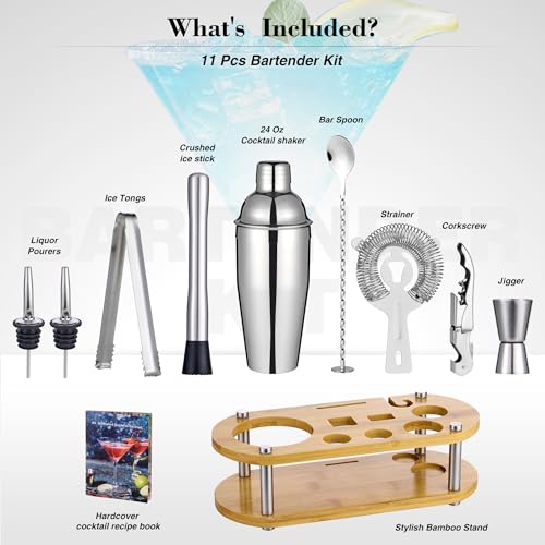 Cocktail Shaker Set Bartender Kit - 11 Pcs Bar Tool Set with Bamboo Stand & All Bar Accessories: Martini Shaker, Strainer,...