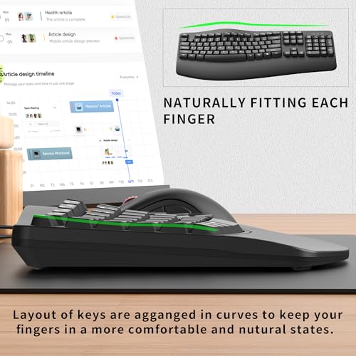 RECCAZR Ergonomic Keyboard, Wired Computer USB Keyboard with Wrist Rest, Spill-Resistant, Wave Keys for Natural Typing, Co...