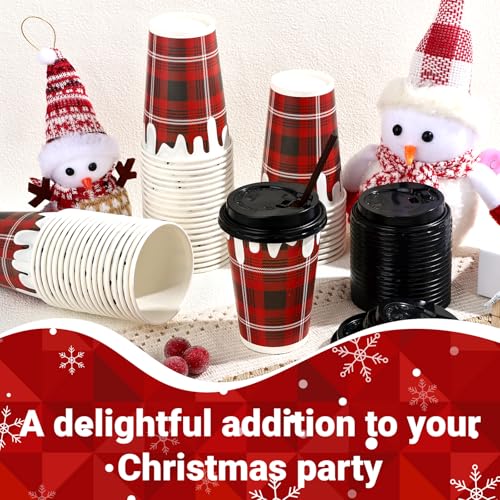 POTPTPT 100 Pieces Christmas Disposable Coffee Cups with Lids and Straws 12 oz Christmas Disposable Paper Cups Red Black P...