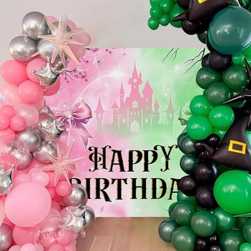 Mocsicka Pink and Green Birthday Backdrop Decorations Witch Happy Birthday Banner Supplies for Princess Girls Women Castle...