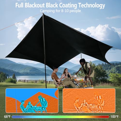 Camping Tarp with Poles & Retainer,15x12.5FT Large Waterproof 210D Oxford Cloth Camping Canopy, Anti-UV UPF100+ Tent Tarp ...