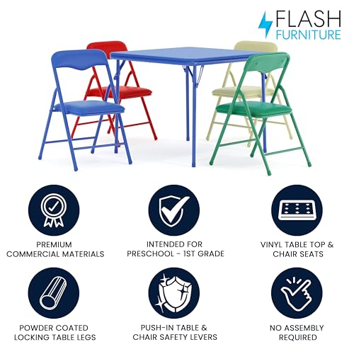 Flash Furniture Mindy Kids 5-Piece set Folding Square Table and Chairs Set for Daycare and Classrooms, Children's Activity...