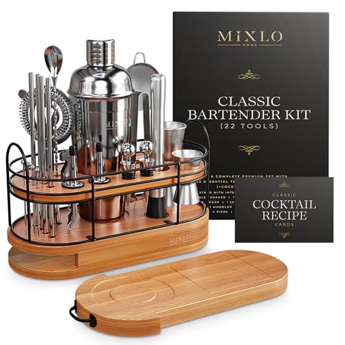 MIXLO HOME Mixology Bartender Kit - 22Pcs Bar Set Cocktail Shaker Set w Brown Bar Cart Accessories Stand - Shakers Bartend...