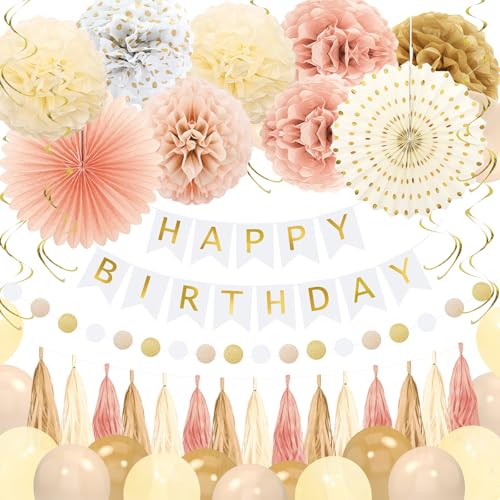 YTHETM Champagne Gold Fall Boho Birthday Decorations for Women Girls Beige Cream Neutral Party Decorations Happy Birthday ...