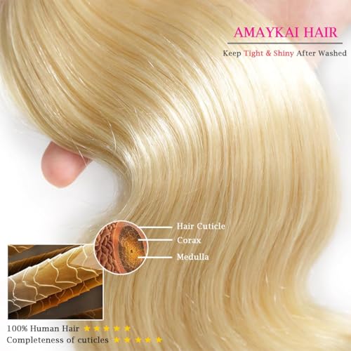 613 Human Hair Body Wave Blonde Bundles with Closure (12 14 16 +10 Inch) 100% Unprocessed 12A Grade Brazilian Virgin Hair Extensions bundles with 4 X 4 Lace front Free Part for Women
