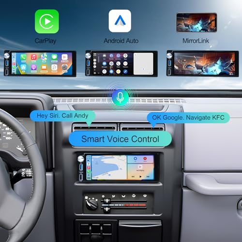 Single Din Touch Screen Radio - Car Stereo with Carplay & Android Auto 10 inch Adjustable Touchscreen Head Unit GPS Naviga...