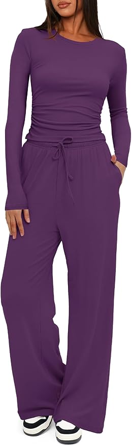 Darong Women's 2 Piece Outfits Lounge Sets 2026 Long Sleeve Tops Wide Leg Pants Casual Matching Set