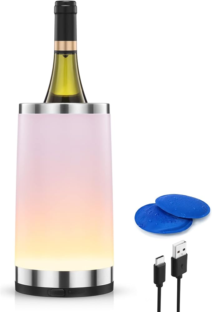 Elrigs Wine Chiller with Rechargeable RGB Touch Lamp| Wine Bottle Cooler Bucket| Double Walled Insulator with 2 Ice Pack f...