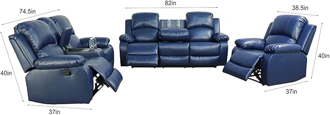 A Ainehome Living Room Furniture Set Leather Recliner Sofa Set Loveseat Chair Furniture Sofa Set for Living Room/Small Space/Rv/House/Office/Theater Seating (A-Blue Leather, 3 Piece Set)