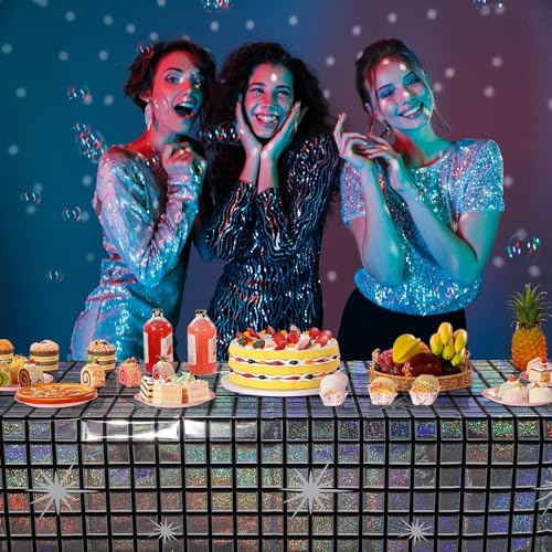 FunnyPars 3 Pack Disco Tablecloth Party Decorations, Shiny Iridescent Disposable Laser Rectangle Table Covers, Silver Plas...
