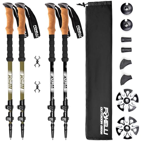 Foxelli Hiking Poles Bundle (2 Pairs) – Black & Khaki Collapsible Lightweight Carbon Fiber Trekking Poles with Accessories