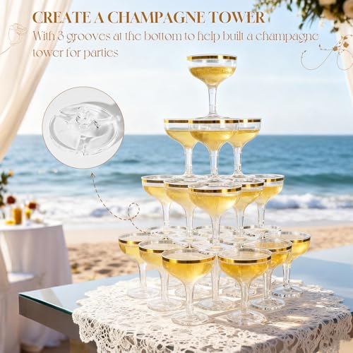 RYTOXILO Champagne Tower Glasses, 50 Pack 5.4 fl oz Plastic Coupe Glasses for Parties with Gold Rimmed, Disposable Clear A...