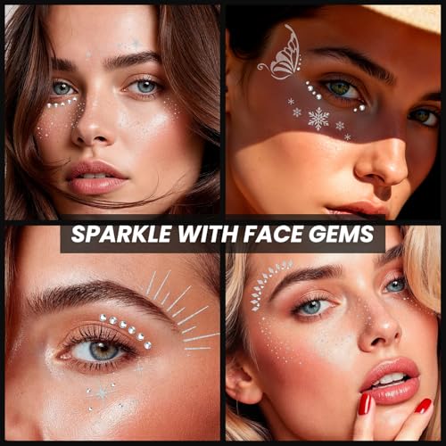 30PCS Glitter Freckles Face Tattoos & Face Gems Set, Classic Silver Glitter Temporary Tattoos for Valentine's Day Makeup, ...