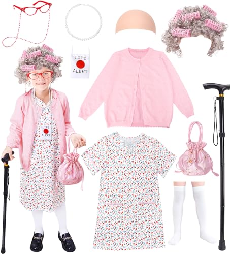 Boutrele 11 Pcs Old Lady Costume for Kids,100 Days of School Costume Girls,Granny Grandma Costumes Kids Accessories