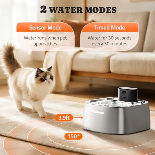 Pumpless Cat Water Fountain Stainless Steel, Automatic Cordless Cats and Dogs Water Dispenser 108oz/3.2L, Pawtners Battery...