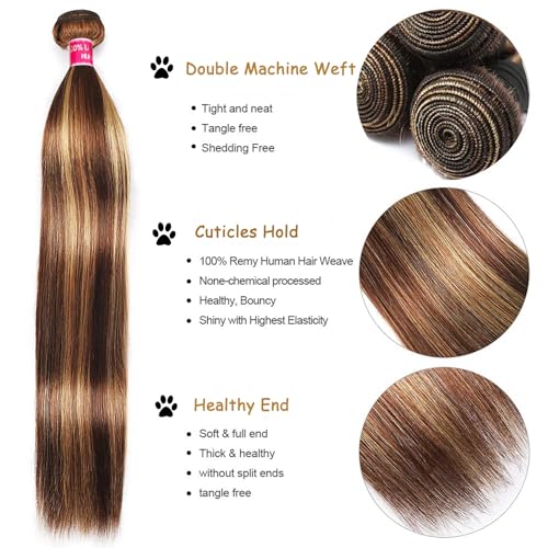 Highlight Ombre Human Hair Bundles with Closure 10A Highlight Brown Blonde 3 Bundle with 4X4 Closure Free Part (12 14 16+12Inch) Soft Straight Honey Brown Bundles Human Hair