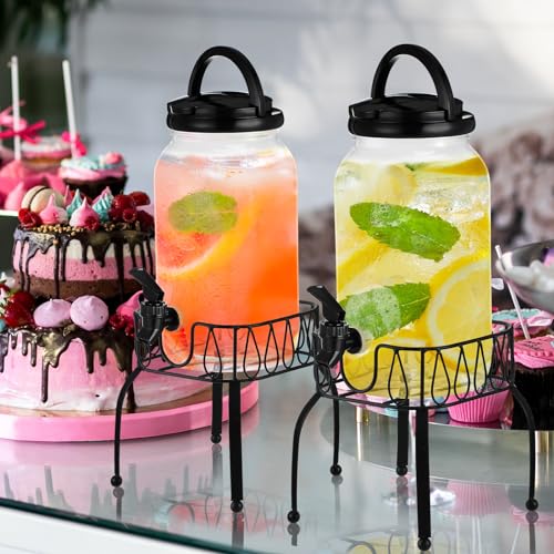 Tanlade 2 Pcs Plastic Drink Dispenser with Stand Beverage Dispenser with Sturdy Metal Base Juice Jar for Parties Lemonade ...
